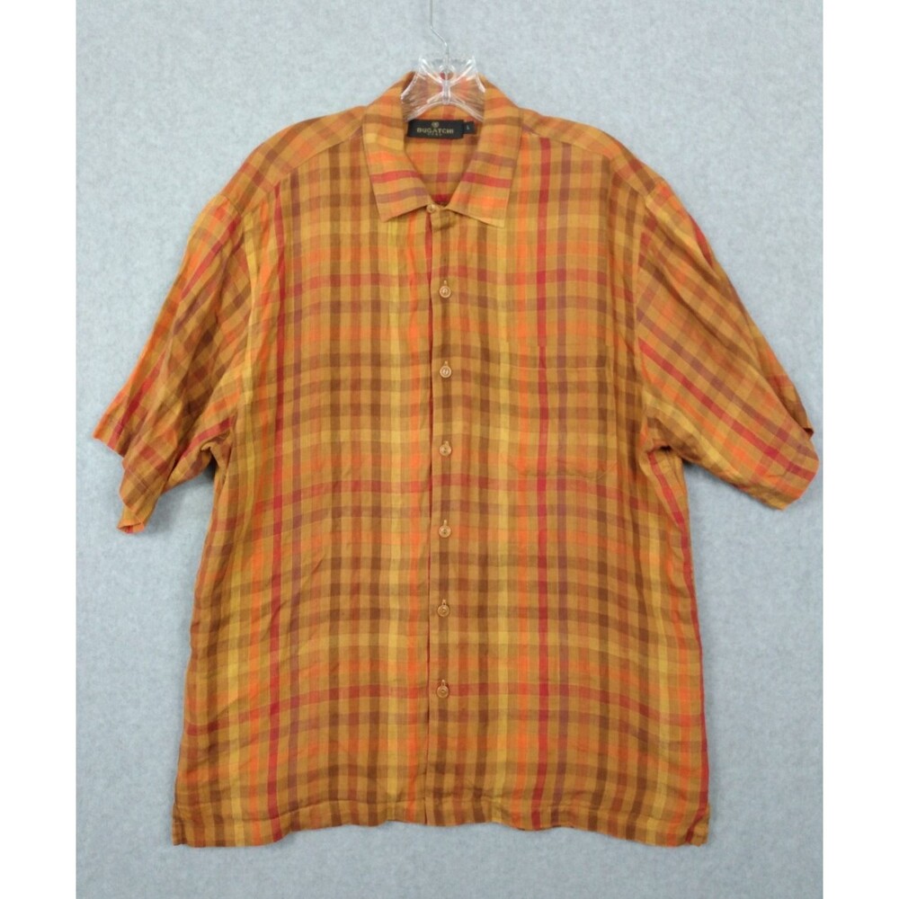 Bugatchi Uomo Shirt Mens Large Orange Brown Plaid Linen Button Up Casual Pocket